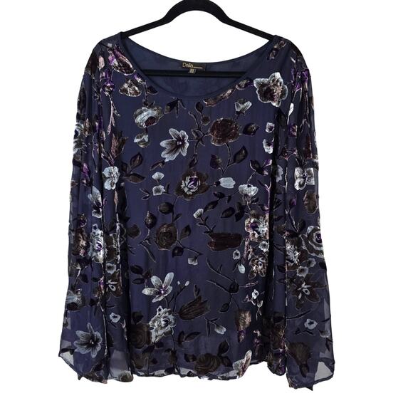 Dalia Velvet Burnout Blouse Women's 3X Purple Floral Sheer Sleeve Dark Romantic - Picture 1 of 13